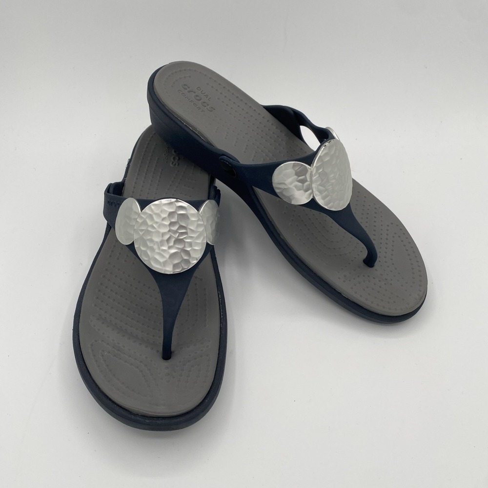 Crocs Sanrah Hammered Circle Wedge Flip Flops Navy/Silver Women's Size 10